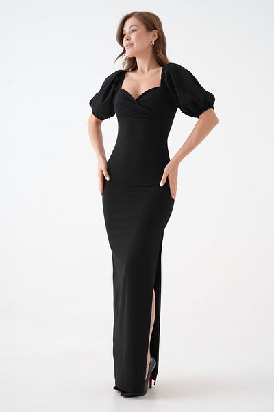 WOMAN VISION Women's Black Crepe Fabric Puff Sleeve Heart Collar Slit Detailed Maxi Dress 582853