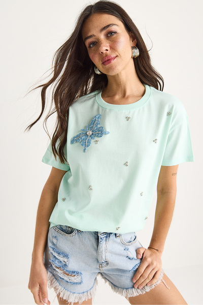 Bianco Lucci Women's Butterfly Accessory Stone Embroidered Short Sleeve T-Shirt 60602036