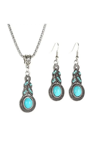 Choice Set Bohemia Retro Necklace Earrings Set For Men Vintage Blue Crystal Pendant With Chain Ethnic Jewel