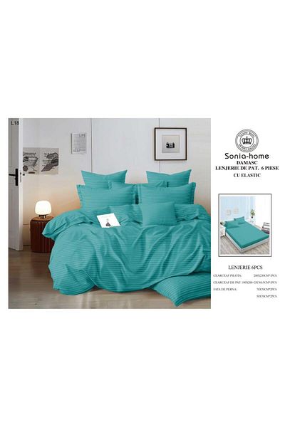 Sonia-home 6-piece satin cotton linen set with elastic – Sonia Home Damask Turquoise
