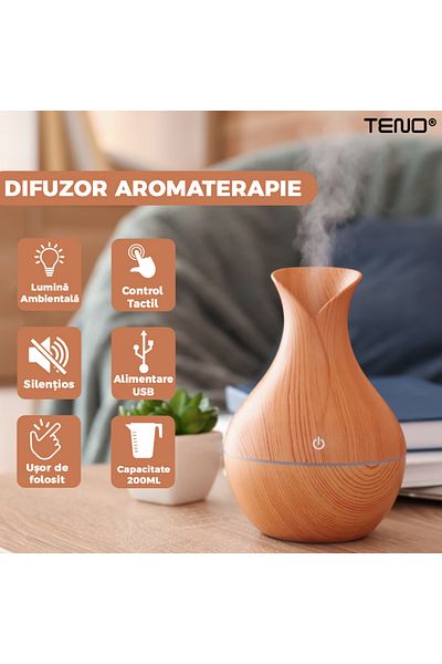 Teno Teno® Aromatherapy Diffuser, ambient lights, 200ml capacity, light oak