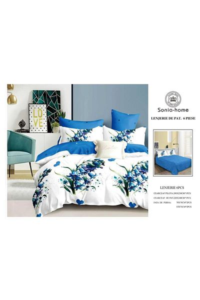 Sonia-home 6-piece satin cotton bedding set – Sonia Home Damask Blue Hearts and Flowers