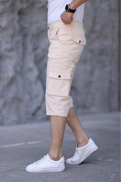 XORVİO Men's Beige Slim Fit Capri Lycra Gabardine Bermuda with Side Pockets Below the Knee