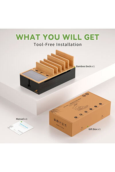 Choice Natural and Black Bamboo Charging Station for Multiple Devices Charger...