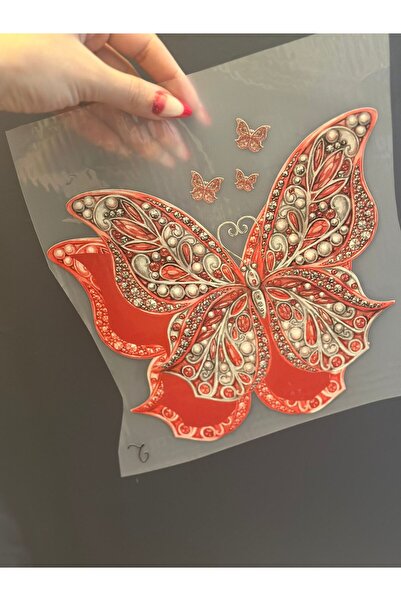 Gönülden Tasarım طباعة نقل الفراشة العرقية ثلاثية الأبعاد مع الحديد المطاوع 20 × 19 سم أحمر