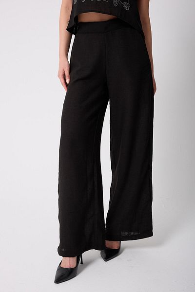 AMİDA Women's Black Muslin Linen High Waist Palazzo Trousers - 2522