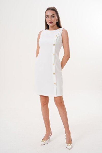 Flame İstanbul Butik Αμάνικο φόρεμα εκρού με λεπτομέρεια στο πλαϊνό κουμπί MCK5048