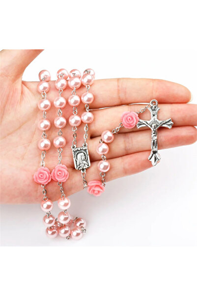 Choice 3 6MM قلادة مسبحة وردية للنساء سلسلة حبات زجاجية وردية صليب INRI قلادة...