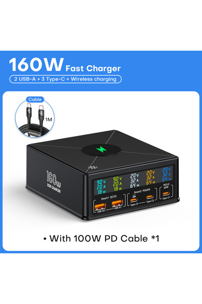 Choice قابس الاتحاد الأوروبي مع كابل 100 واط بطول 1 متر، 160 واط، 5 منافذ USB...