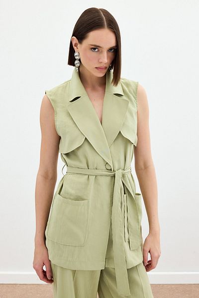 Sateen Vestă lungă cu curea - verde ulei