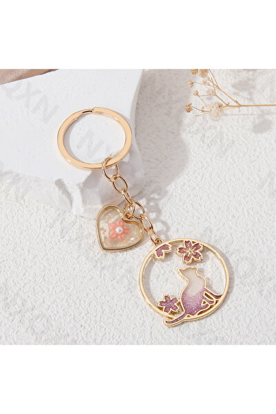 Choice سلسلة مفاتيح دائرية جميلة على شكل قطة E7177، مزينة بزهور الكرز والحيوا...