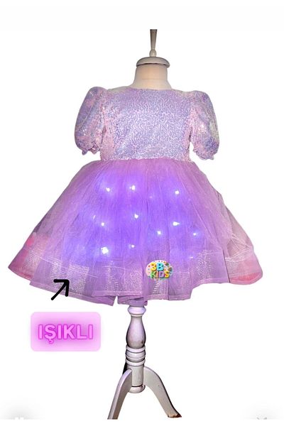 3b kids Sequined Purple Light up Dress Costume+Purple Bubble Hair Set Kuromi Princess Wedding Feast Party Birthday