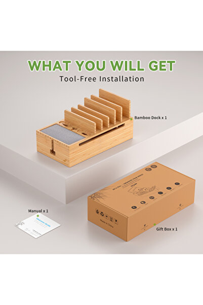 Choice حامل شاحن من الخيزران الطبيعي لشحن أجهزة متعددة للهواتف المحمولة والتابلت