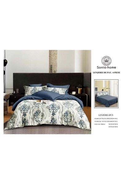 Sonia-home 6-piece satin cotton bedding set – Sonia Home Damask Royal Blue Damask