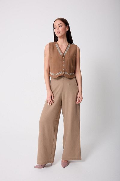 AMİDA Women's Beige Muslin Linen High Waist Palazzo Trousers - 2522