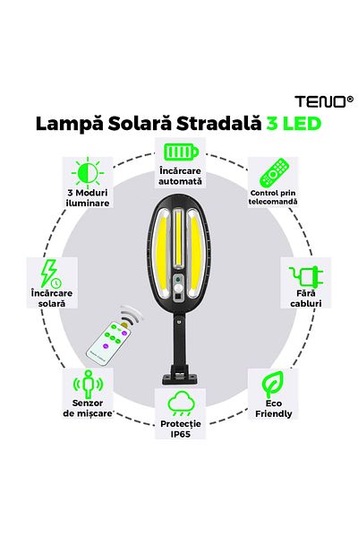 Teno Solar Street Lamp 3 LEDs Teno®, IP65 protection, Waterproof, outdoor, black
