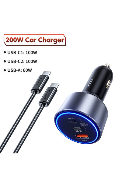 Toocki شاحن سيارة Toocki أسود مع كابل 200 واط USB Type C QC 4.0 PPS 45 واط PD 100 واط شحن سريع USB C سيارة P