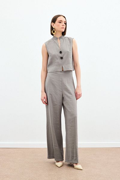 Sateen High Waist Linen Trousers - Khaki