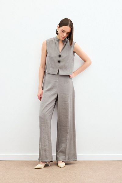 Sateen High Waist Linen Trousers - Khaki