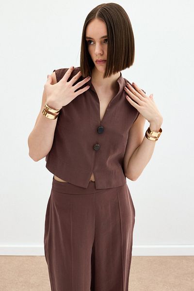 Sateen Blouse with Ornamental Button Detail - Brown