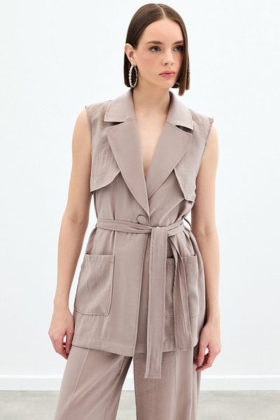 Sateen Long Vest with Belt - Mink