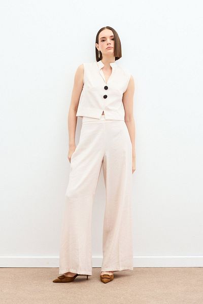 Sateen High Waist Linen Trousers - Stone