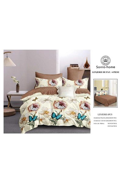 Sonia-home 6-piece satin cotton bedding set – Sonia Home Damask Butterflies and Peonies Cream