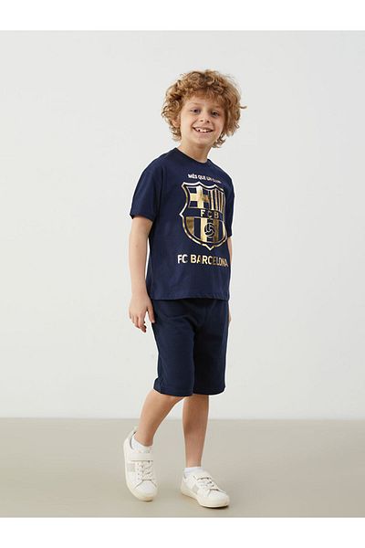 LC Waikiki Navy Blue Crew Neck Barcelona Printed Boy's T-Shirt
