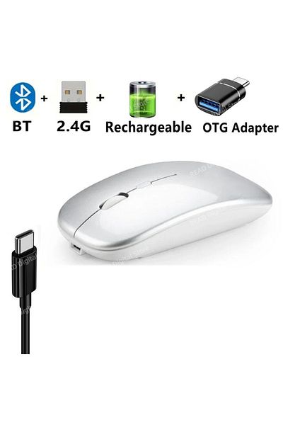 Choice ماوس لاسلكي Charge-Silver OTG رفيع متوافق مع تقنية البلوتوث 2.4G فأرة كمبيوتر محمولة قابلة لإعادة الشحن/