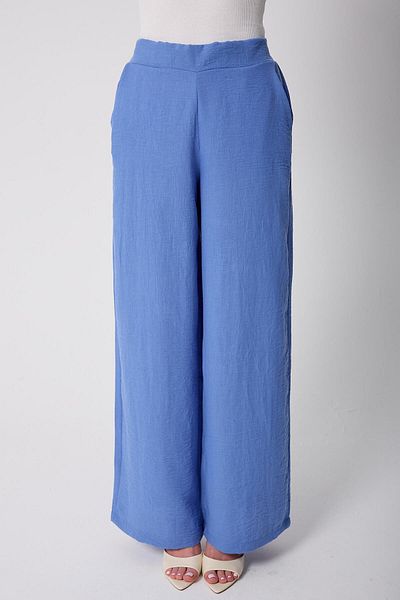 AMİDA Women's Blue Muslin Linen High Waist Palazzo Trousers - 2522