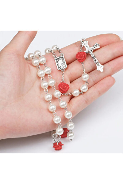 Choice قلادة مسبحة وردية مقاس 4 6 مم للنساء من خرز زجاجي وردي سلسلة صليب INRI...
