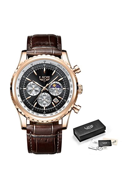Lige ساعات LIGE الرجالية الجديدة باللون الذهبي الوردي والأسود من أفضل العلاما...