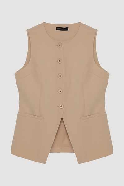Quzu Buttoned V Cut Sleeveless Vest Beige