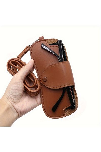 DUTRIEUX Chocolate Compact size fashion PU leather glasses case, durable PU glasses bag with neck strap, suit