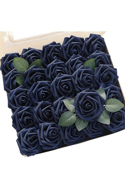 Choice Navy Blue Artificial Flowers 25pcs Real Looking Navy Blue Foam Fake Roses with Stems for DIY Wedding
