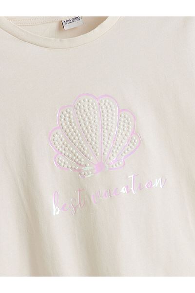 LC Waikiki Ecru Crew Neck Stone Girl's T-Shirt