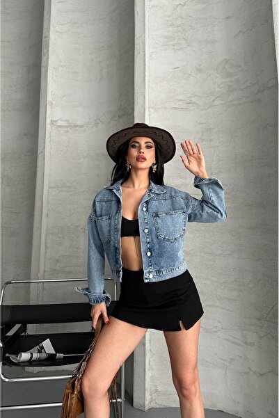 DESTEMODA Kadın Kot Ceket Çift Cepli Denim Ceket Mavi 4500