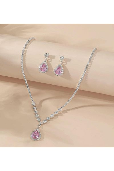 Choice ZT4055-Pink 3 Wedding Season Women's Fashion Droplet Necklace and Earring Set Banquet Party Accessor
