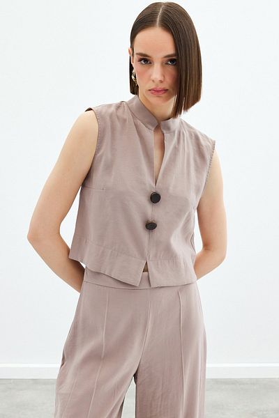 Sateen Blouse with Ornamental Button Detail - Mink