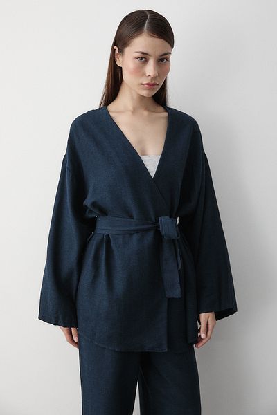 Laluvia Navy Blue Cotton Kimono Wide Leg Trousers Set