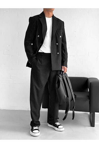 ablukaonline Men's Striped Oversize Double Breasted Suit Black