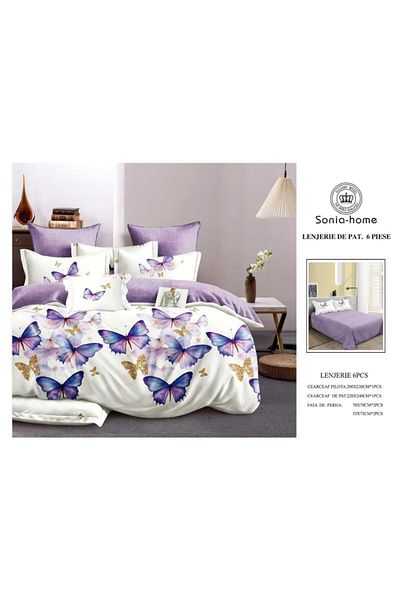 Sonia-home 6-piece satin cotton bedding set – Sonia Home Damask Butterflies Lilac and Elegant Gold