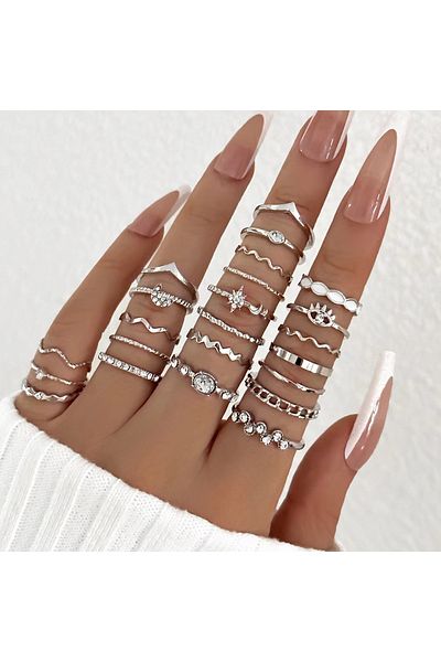 Choice 9 J030004-2 مجموعة خواتم نسائية مكونة من 23 قطعة بتصميم موجة من الزركون اللامع الفاخر متعدد العناصر، مناسبة لـ