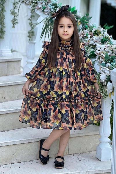 Riccotarz Girl's Floral Embroidered Pleated Black Dress with Ruffle Detail at Collar and Shoulders