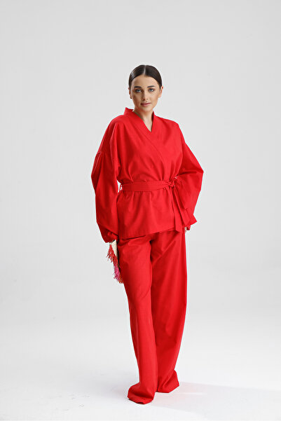 COLLECTİON Rose Oversize Bağcıklı Beli Lastikli Kırmızı Kimono