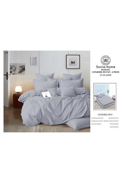Sonia-home 6-piece satin cotton linen set with elastic – Sonia Home Damask Grey
