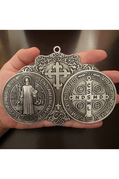 Choice ميدالية صليب القديس بنديكت فضية عتيقة كبيرة جدًا مقاس 5.7 × 4 بوصة بلم...