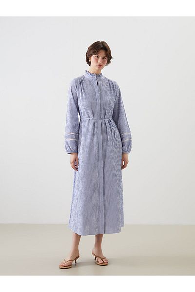 LC Waikiki Blue Judge Collar Striped Women's Shirt Dress