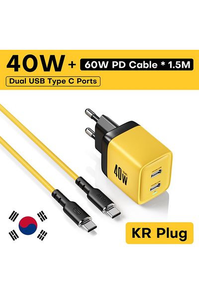 Choice KR Plug With Cable ASOMETECH 40W GaN Charger Dual USB Type C Fast Charger QC4.0 PPS PD Portable Phon