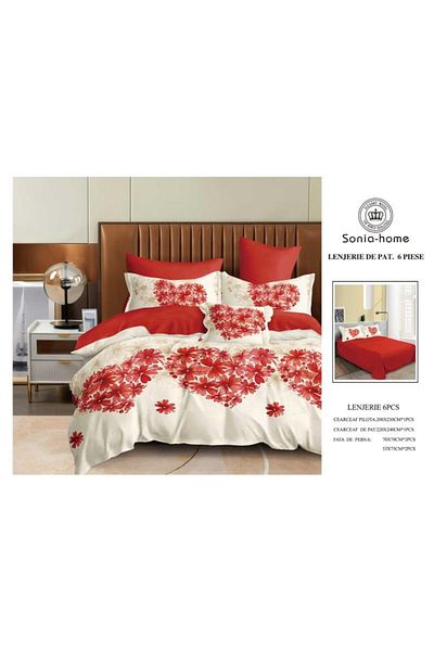 Sonia-home 6-piece satin cotton bedding set – Sonia Home Damask Red Flowers with Romantic Accents